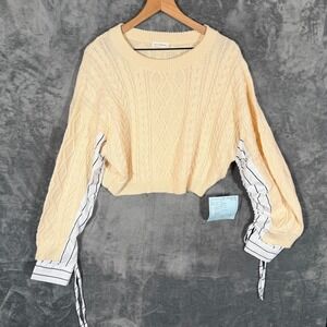 Blu Pepper Womens Layered Sleeve Cable Knit Sweater Cream Cropped Pullover NWT